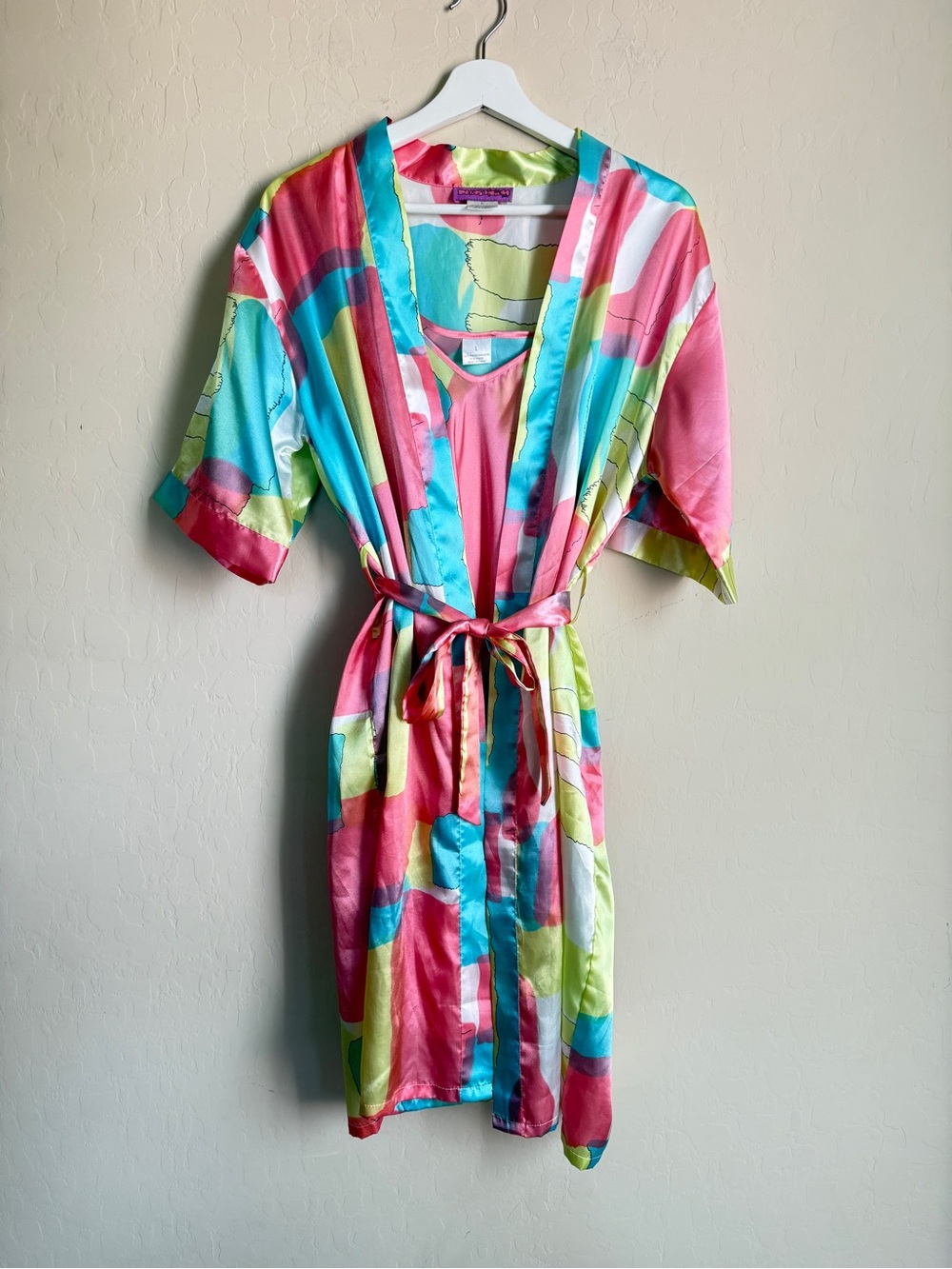 Silky Satiny Multicolor Robe Camisole Slip Dress Abstract Pink Turquoise Set